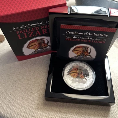 2013 $1 1oz Frilled Neck Lizard Colored Proof Silver Coin from Tuvalu - Image 1 of 3