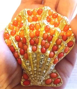 Kenneth Lane large coral cabochon seashell brooch - Picture 1 of 4