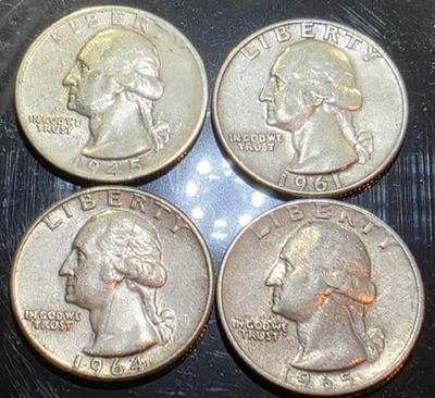 Lot Mixed Dates Quarters 25c  1945 NMM  1961 D   1964 NMM   1965 NMM    Errors? - Image 1 of 4