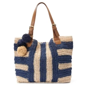 Sonoma Tote Hobo Bag Beach Purse Pom Poms Striped Retail $70 - Picture 1 of 6