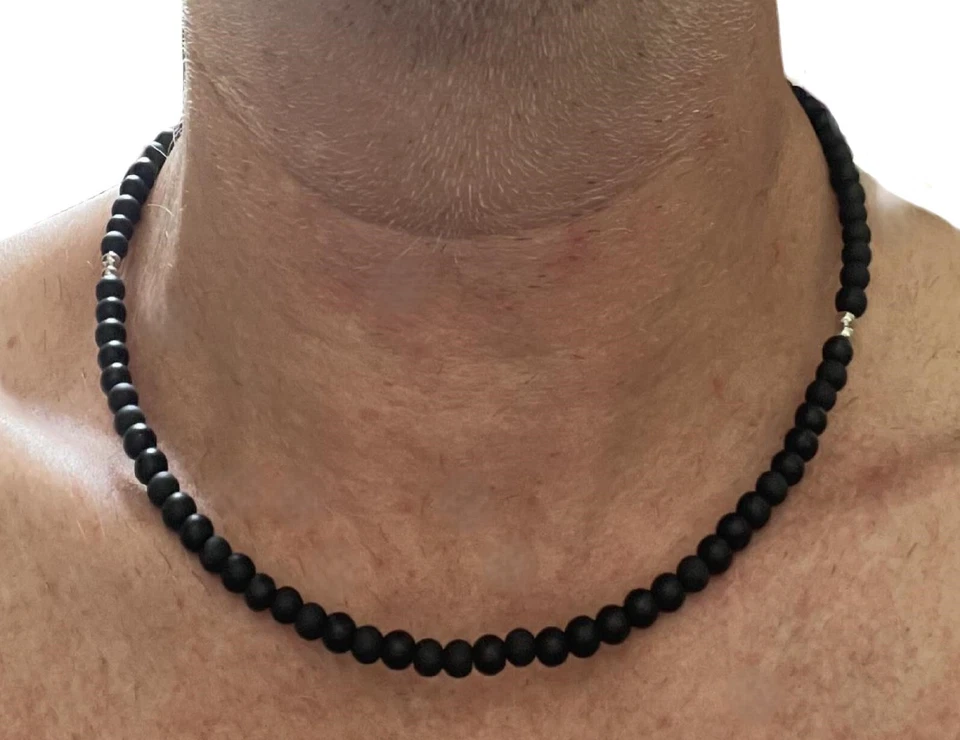 Collana pietre dure onice nero da uomo in acciaio inox lunga 50 cm con perle di - Immagine 1 di 4