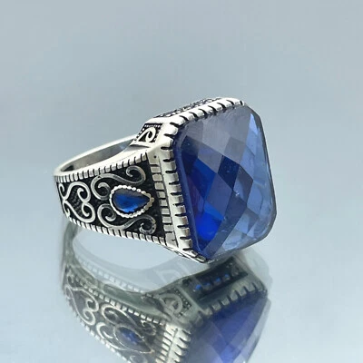 Anel masculino simulado de pedra de safira prata esterlina 925 feito à mão presente-lhe anel - Imagem 1 de 4