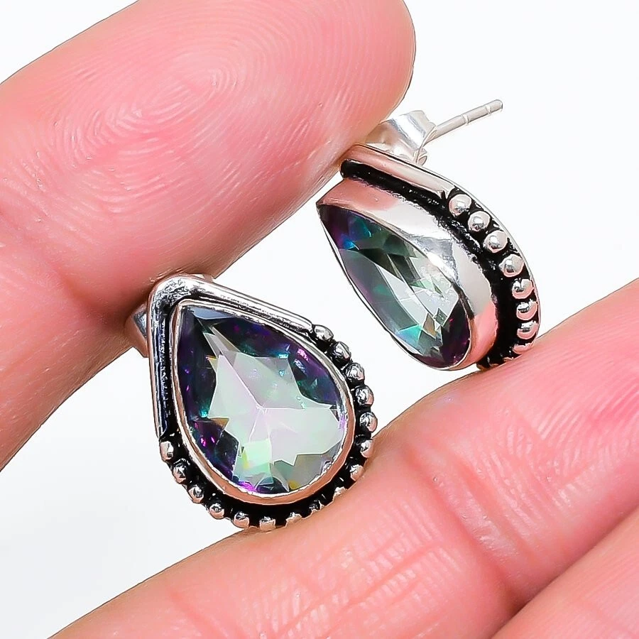 Pendiente de plata esterlina 925 con piedras preciosas de topacio místico tamaño 0,75" Foto 1 de 1