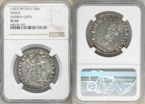 Beautiful 1523-1539 Silver Coin Venice Italy One Lira Andrea Gritti ND NGC XF 40 Cover
