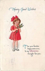 Heart Good Wishes Christmas Young Girl Red Dress pm 1920 Child Postcard - Picture 1 of 2