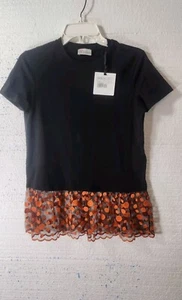 NWT RED Valentino Black Black Cotton Embroidered Tulle Hem Blouse size Small - Picture 1 of 11