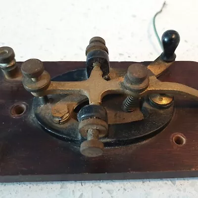 Antique Telegraph Morse Code Strait Key Brass Hardware Wood Base Communications  - Image 1 of 4