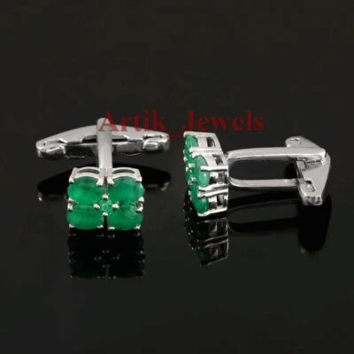 Verde Naturale Onice Gemma Con 14K Placcato Oro Bianco Argento Gemelli #698 - Immagine 1 di 4