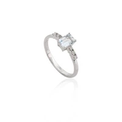 14K Weiss Gold Natürlich Aquamarin Und Diamanten Minimalist Zierliche Verlobung - Bild 1 von 4