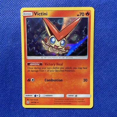 Pokémon TCG Victini Sun & Moon - Cosmic Eclipse 30/236 Holo Rare NM - Image 1 of 2