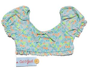 Cat & Jack Girls S (6/7) Blue/Neon Floral Puff Short Sleeve Bikini Swimsuit Top