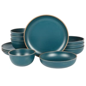Gibson Home Rockabye 12-Piece Double Bowl Melamine Dinnerware Set - Matte Teal - Picture 1 of 5