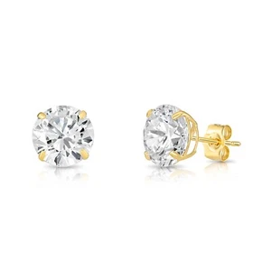14K Solid Yellow Gold Solitaire Round CZ Sleeper Stud Earrings Pushback 2.5-8mm - Picture 1 of 22