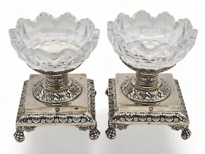 ANTIGUO Par de Tazones de Plata Esterlina/Cristal Francés con Soportes - Imagen 1 de 6