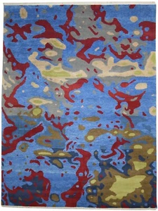 Hand Knotted Blue Wool Rug 9' X 12' Modern Bohemian Abstract Extra Large Carpet - Picture 1 of 9
