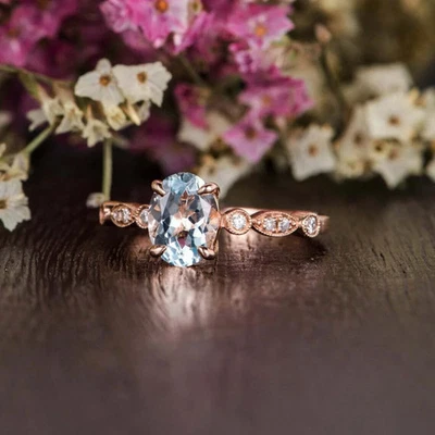 Oval Aquamarine Diamond Ring 14K Rose Gold FN Halo Solitaire Engagement Cocktail - Image 1 of 4