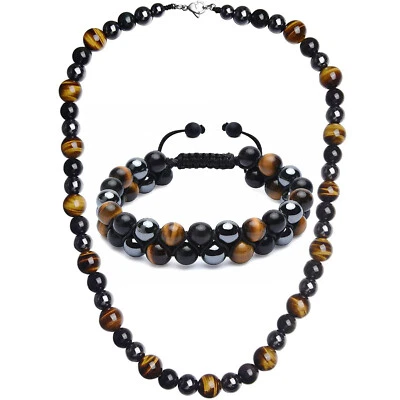 Men Triple Protection Necklace Set Tiger Eye Hematite Obsidian Stone Bracelets - Image 1 of 4
