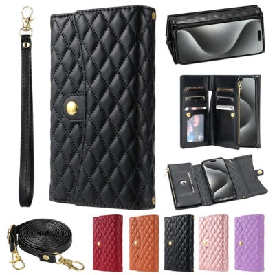 Wallet Strap Grid Leather Phone Case for Samsung S24 S23 FE S22 S21 S20 S10 S9 - Image 1 of 4
