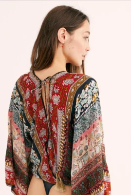 Free People Sakshi Bodysuit Flared Sleeves Blousy Silhouette Open Tied Back S - Image 1 of 4
