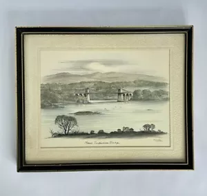 Original UK Künstler RICHTER Bleistiftskizze Menai Hängebrücke signiert gerahmt - Bild 1 von 11