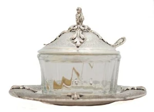 FINE 925 STERLING SILVER & CRYSTAL DIAMOND CUT LEAF APPLIQUE HONEY DISH & TRAY - Picture 1 of 5