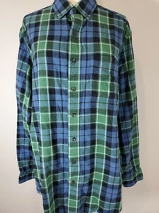 LL Bean Men's Size M Tall Flannel Button Down Oxford Green Blue Tartan Plaid  - Picture 1 of 9