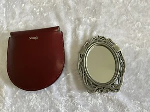 VINTAGE 80s SELANGOR PEWTER FRAMED POCKET HANDBAG MIRROR + LEATHER POUCH NEW - Picture 1 of 7