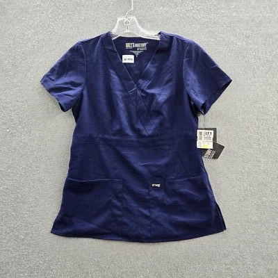 Grey's Anatomy By Barco Women Scrub Top S Navy Mock Wrap Button Short Sleeve - Image 1 of 4