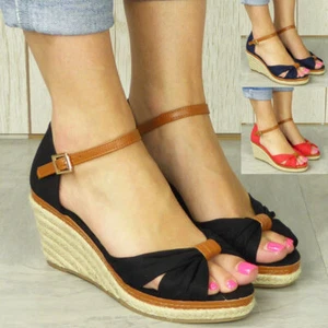 Damen-Sandalen Keilabsatz Canvas hessisch Schnalle bequem Sommerabsatz Größen - Bild 1 von 28