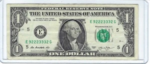 1 $ One Dollar Schein Fancy Note TRINARY 4 of a Kind 2 TRIPLES Serial # E92223332G - Bild 1 von 3