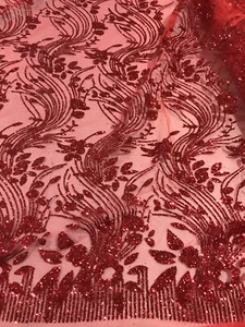 Red mesh W/red Floral glitter lace fabric 50" width sold by the yard - Picture 1 of 9