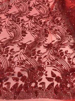 Red mesh W/red Floral glitter lace fabric 50" width sold by the yard - Image 1 of 4