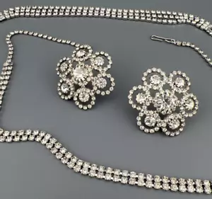 VTG Rhinestone Necklace Earrings Bracelet Set Cup Link Clear Stones Glamorous - Picture 1 of 22