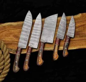 HAND FORGED DAMASCUS STEEL CHEF KNIFE KITCHEN SET WITH wood HANDLE Roll bag - Picture 1 of 5