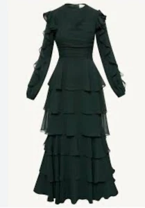 Nuevo con etiquetas Vestido Maxi Forrado XL Velado Nueva York Para Mujer Chifón Volantes en Niveles Esmeralda - Imagen 1 de 10