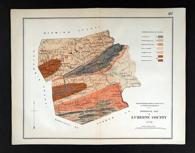 1884 Pennsylvania Geology Map Luzerne County Wilkes-Barre Hazleton Pittston PA - Image 1 of 3