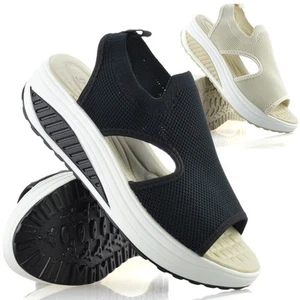 Womens Mid Wedge Heel Memory Foam Slip On Strap Casual Summer Sandals Shoes Size - Picture 1 of 39