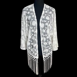 Boho Kimono Lace Sheer Cardigan Sz M Romantic Festival Coastal Floral Fringe - Picture 1 of 23