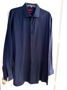 Hugo Boss 17.5 34/5 Long Sleeve Dress Shirt 100% Cotton Navy Blue Texture Modern - Picture 1 of 4