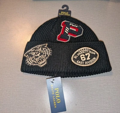 Polo Ralph Lauren Multi Patch P Varsity Black Knit Beanie Hat Black Cap NWT - Image 1 of 3