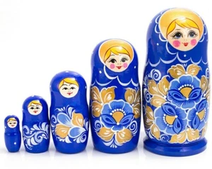 Russian Doll, with Blue Flowers, Handmade 6.5-inch Tall Matryoshkas 5 PCS - Picture 1 of 5