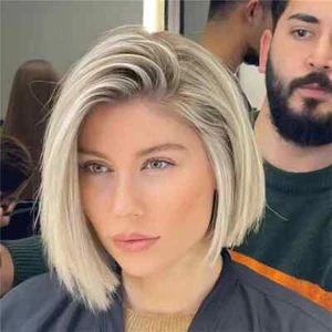 Short Bob Golden Blonde 13X4 Lace Front Wig Remy Human Hair Wigs Ash Brown Roots - Picture 1 of 5