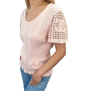 CHANEL Vintage 05C CC Logo Knit Top #42 Punching Rib Pocket Frill Pink Cotton - Picture 1 of 11
