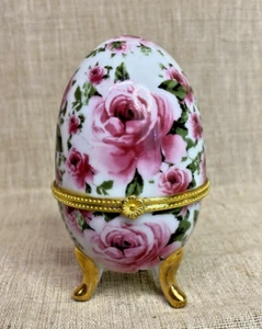 Vintage 4" Rose Chintz Floral Egg Trinket Box – Porcelain, Hinged, Gold Trim - Picture 1 of 9