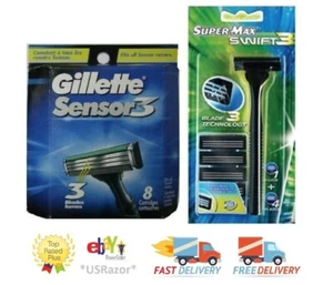 8 Gillette Sensor 3 Razor Blades Cartridge Refill Swift Shaver fit Excel Handle - Picture 1 of 6