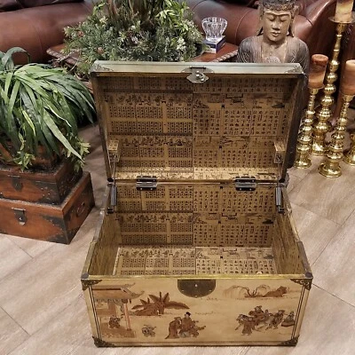 Vintage Ornate Japanese Asian Gold Foil Wrapped Wood Trunk Chest 27" Long - Image 1 of 4