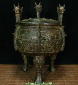 11" Old China Bronze Ware Dynasty Beast Face Handle Ding Incense Burner Censer - Picture 1 of 9