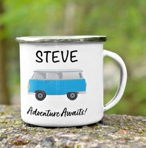 Campervan Adventure Awaits Mug Personalised Enamel Mug  8 different van colours - Picture 1 of 2
