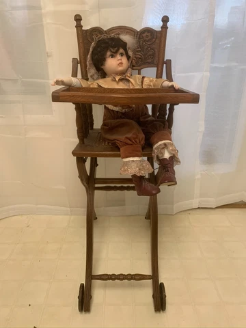 ANTIQUE WICKER BABY HIGH CHAIR ROCKER STROLLER CAST IRON TOY WHEEL Cover