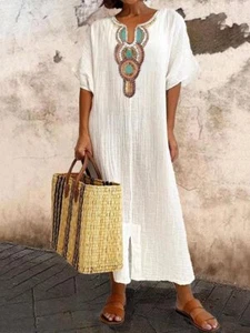 Women Cotton Linen Kaftan Maxi Dress Boho Short Sleeve Beach V-Neck Summer Dress - Picture 1 of 4